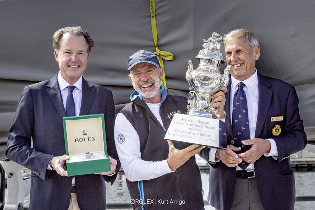 Prizegiving. Benoît Falletti, Managing Director Rolex Australia, Duncan Hine, owner of Alive and Arthur Lane, Commodore Cruising Yacht Club of Australia. ALIVE, Sail no: 52566, Owner: Duncan Hine, Design: Reichel/Pugh 66, Country: AUS Protected by Co
